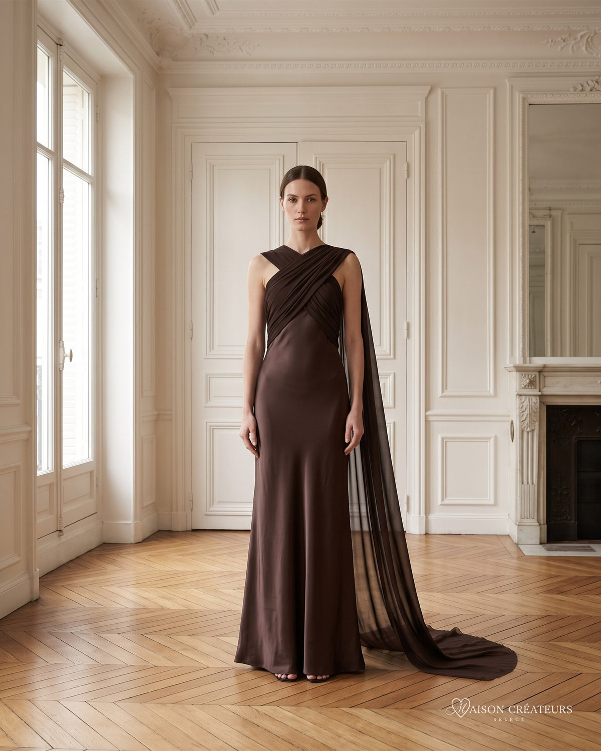 Robe longue Élégance chocolat avec cape fluide, porté dans un salon haussmannien