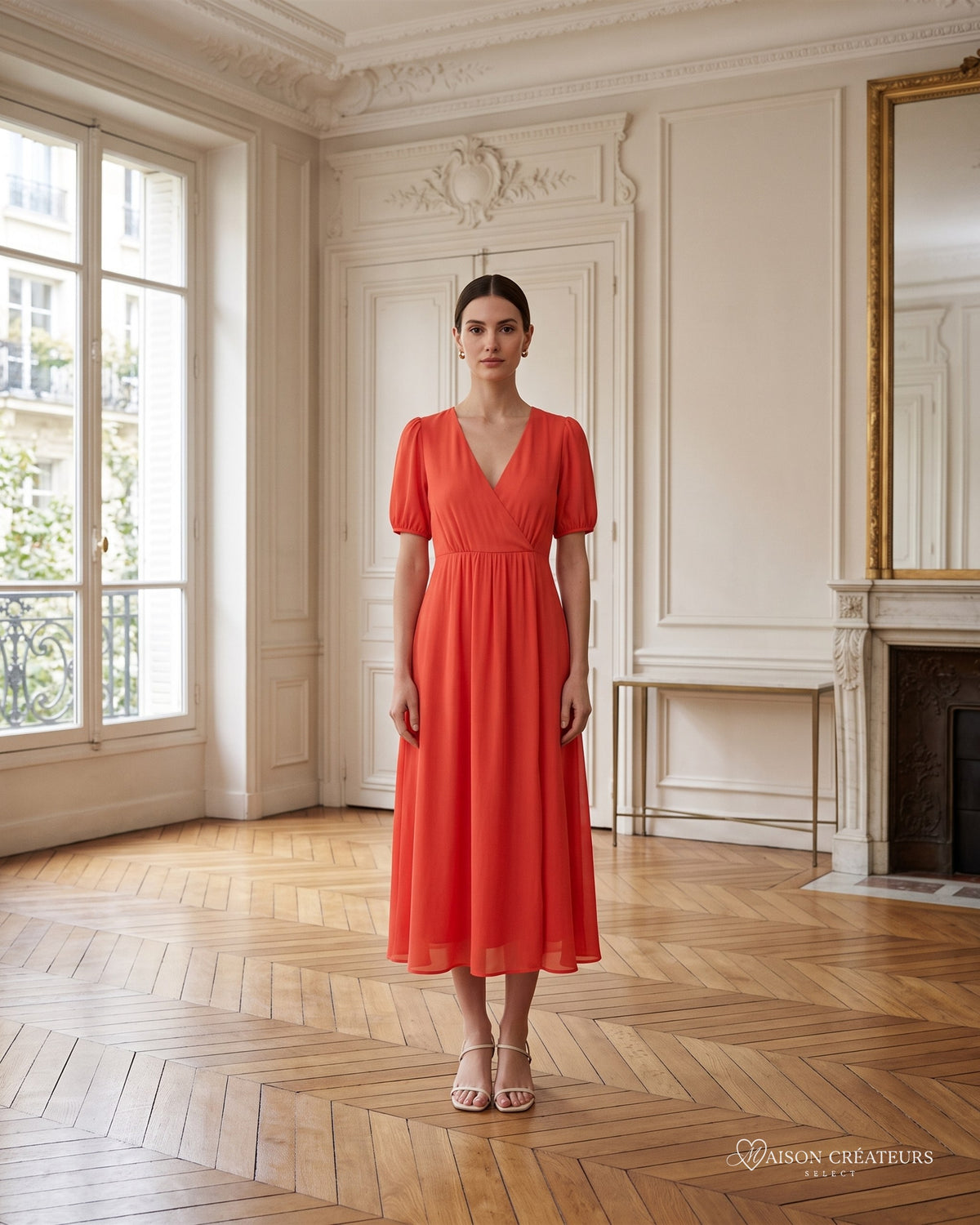Robe Romane rouge à col V et manches bouffantes, porté dans un salon haussmannien
