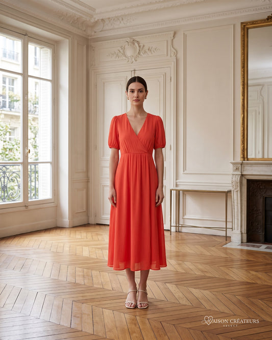 Robe Romane rouge à col V et manches bouffantes, porté dans un salon haussmannien