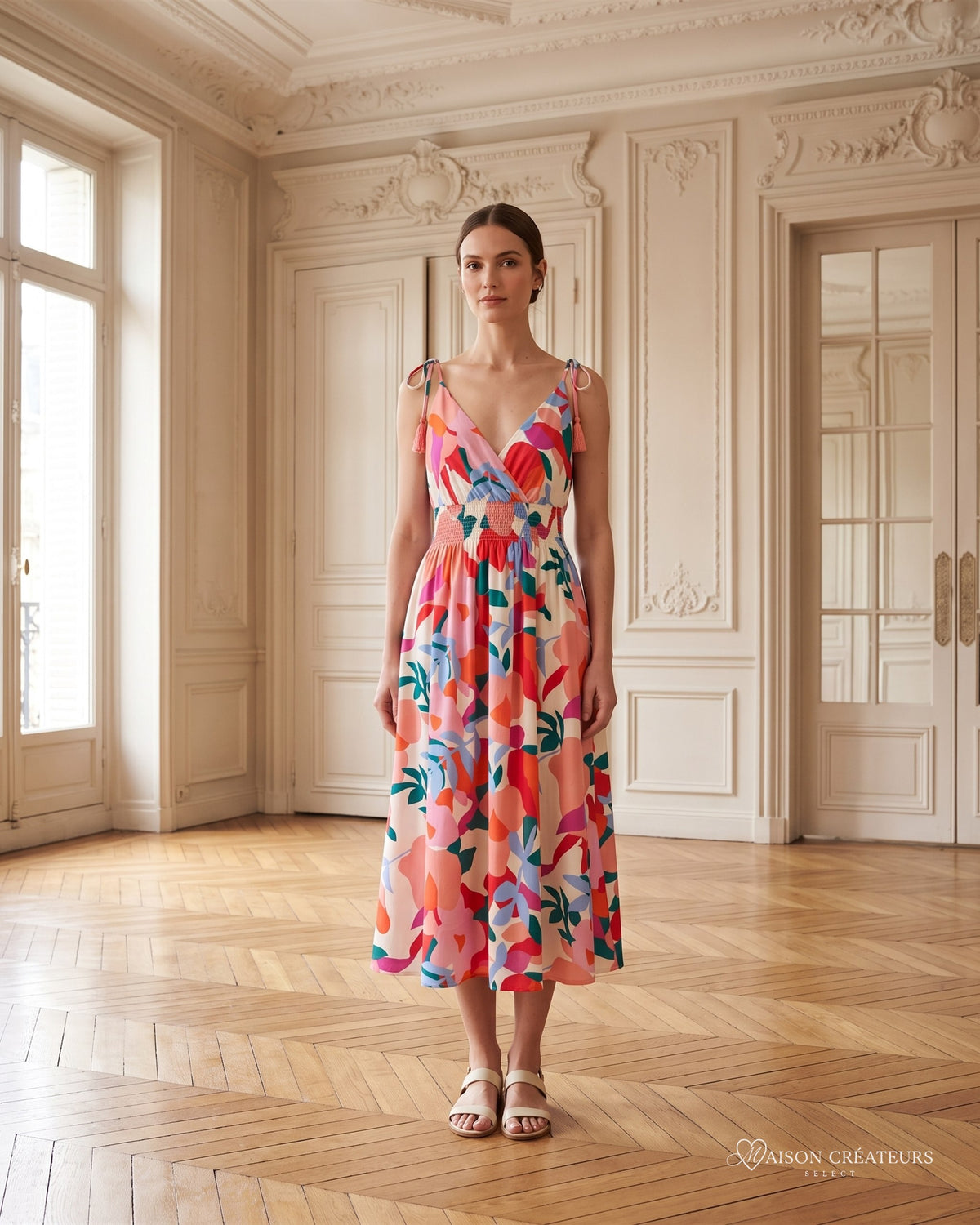 Robe Éclat fuchsia à bretelles nouées et imprimé abstrait, porté dans un salon haussmannien