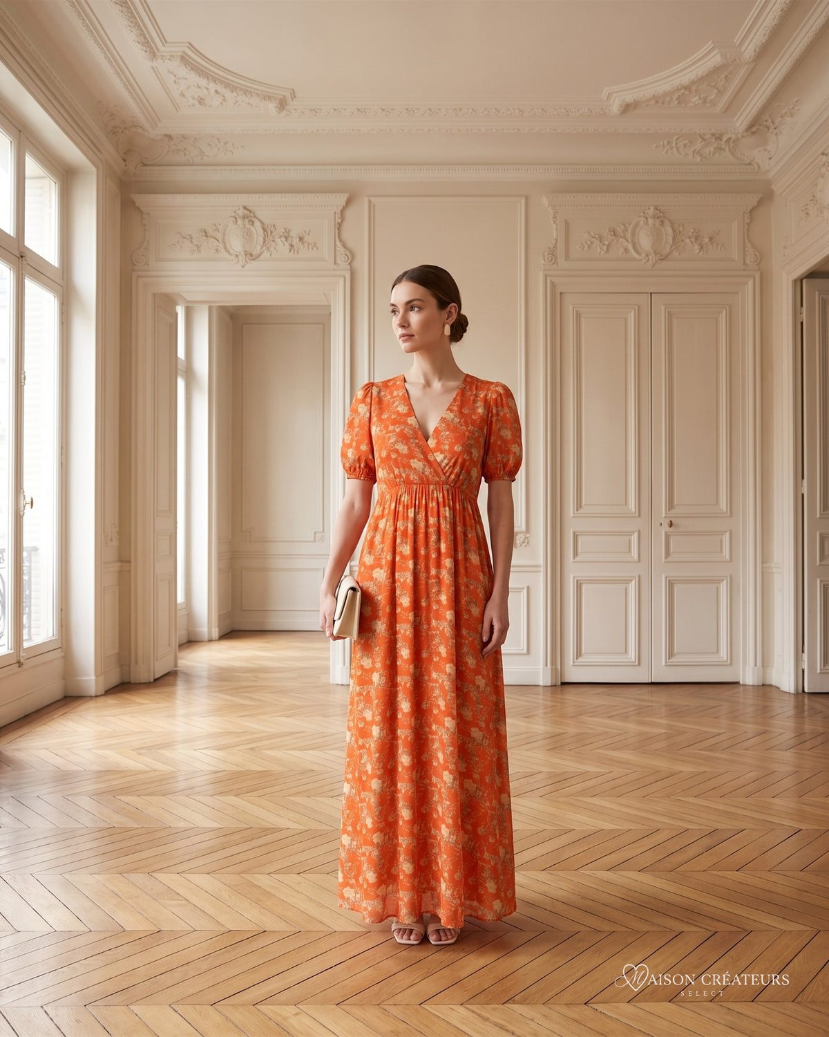 Robe Scarlett à imprimé floral orange et dos noué, porté dans un salon haussmannien