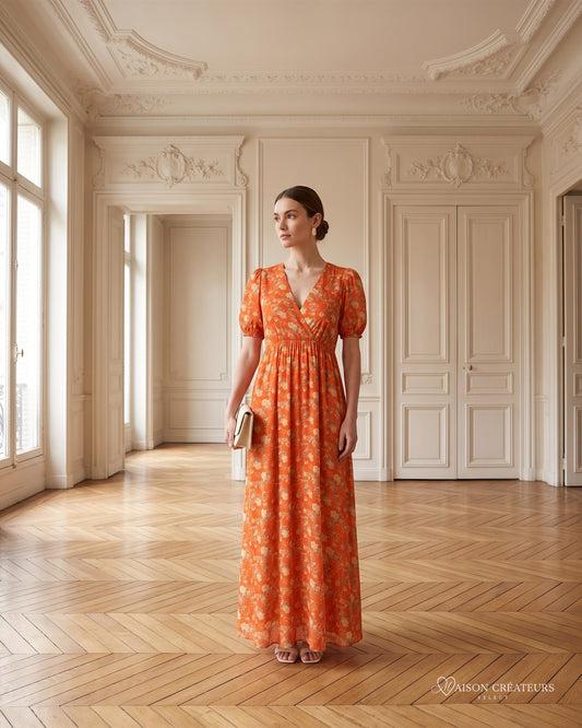 Robe Scarlett à imprimé floral orange et dos noué, porté dans un salon haussmannien