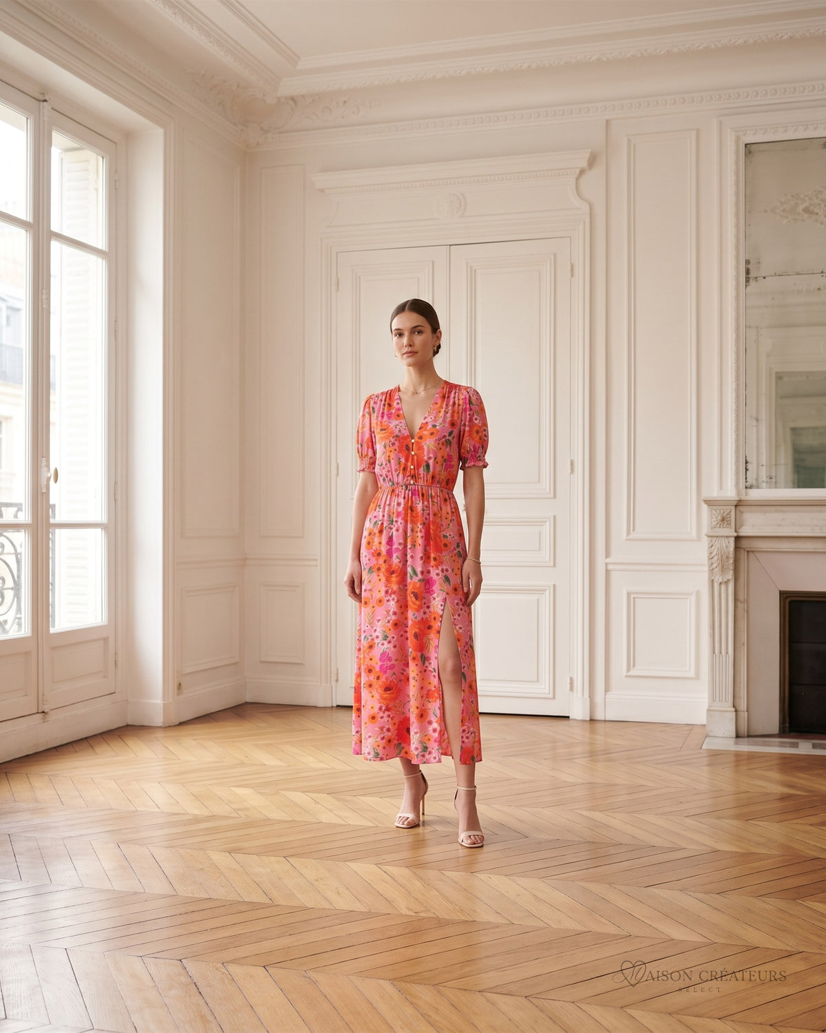 Robe longue fleurie en viscose à col V boutonné, porté dans un salon haussmannien