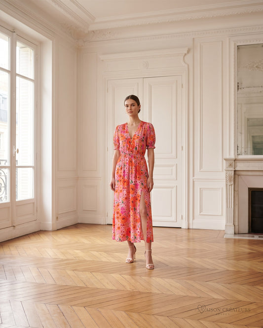 Robe longue fleurie en viscose à col V boutonné, porté dans un salon haussmannien