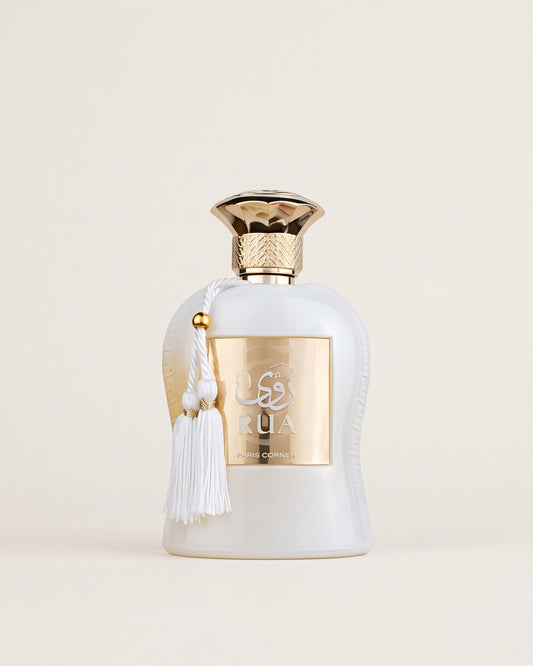 Eau de parfum RUA de Paris Corner, flacon blanc nacré à pompon