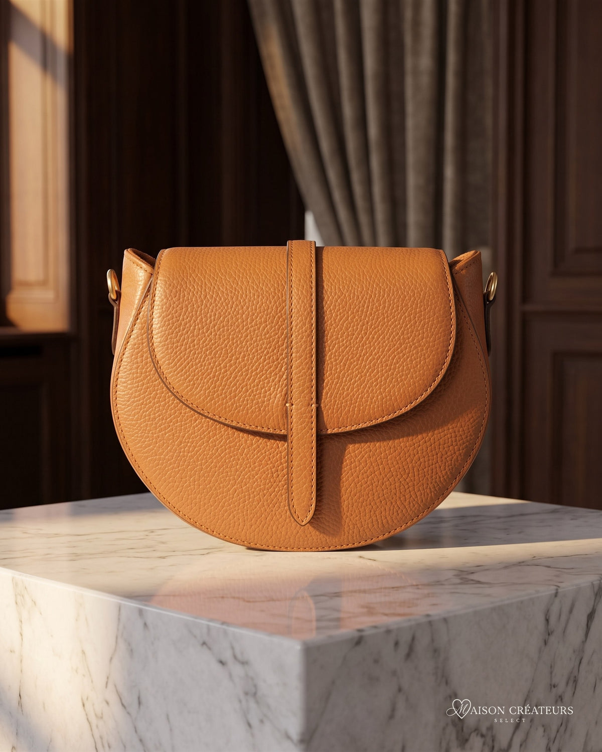 Le sac bandoulière Madelena en cuir grainé camel posé sur un bloc de marbre blanc en boutique