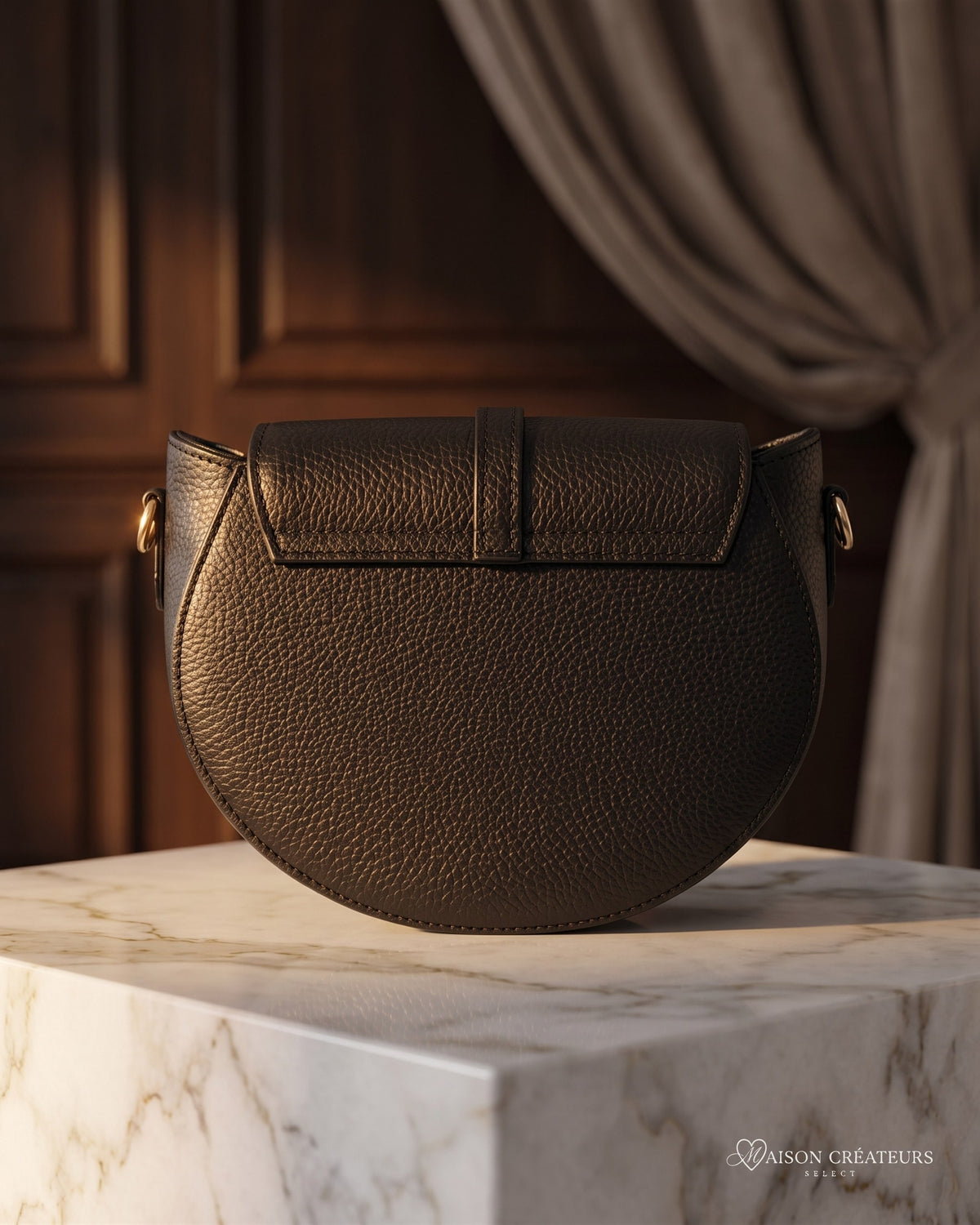 Le sac bandoulière Madelena en cuir grainé noir posé sur un bloc de marbre blanc en boutique