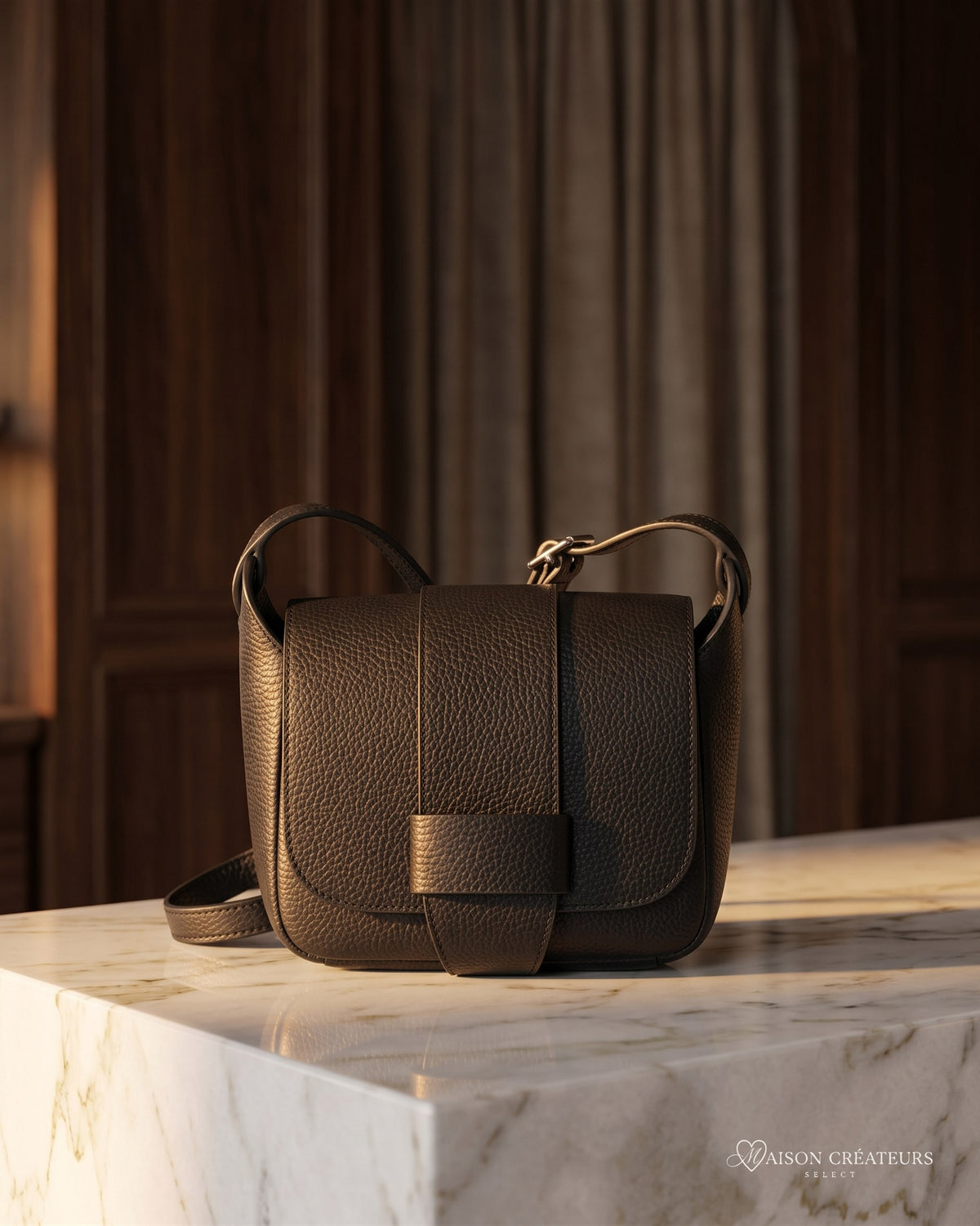 Le sac bandoulière Margot en cuir grainé noir posé sur un bloc de marbre blanc en boutique