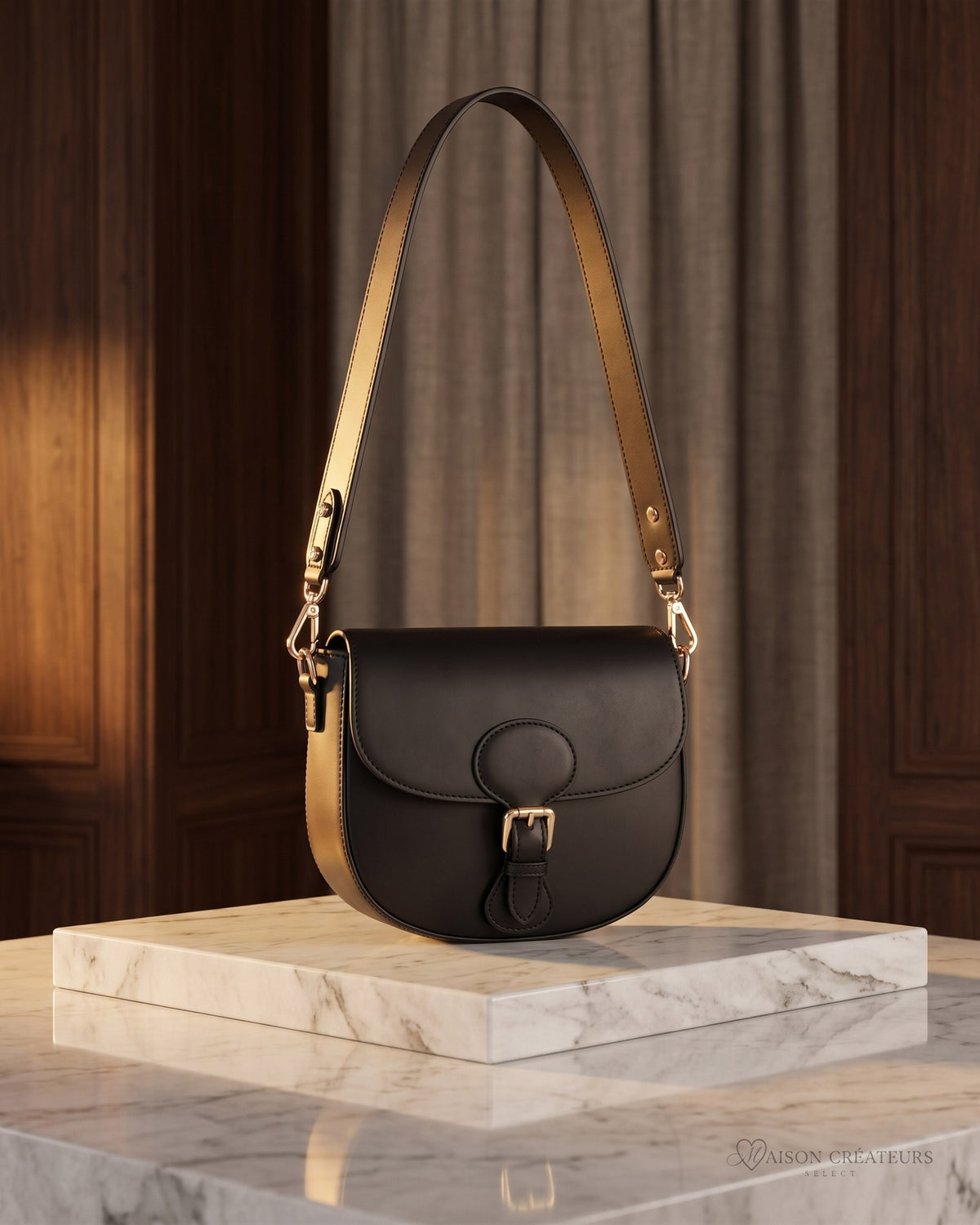 Le sac bandoulière Leonine en cuir lisse noir posé sur un bloc de marbre blanc en boutique