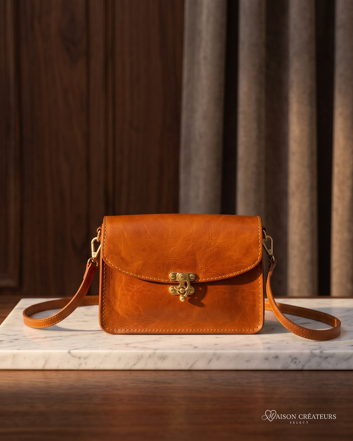 Sac Margot en cuir cognac posé sur un bloc de marbre en boutique