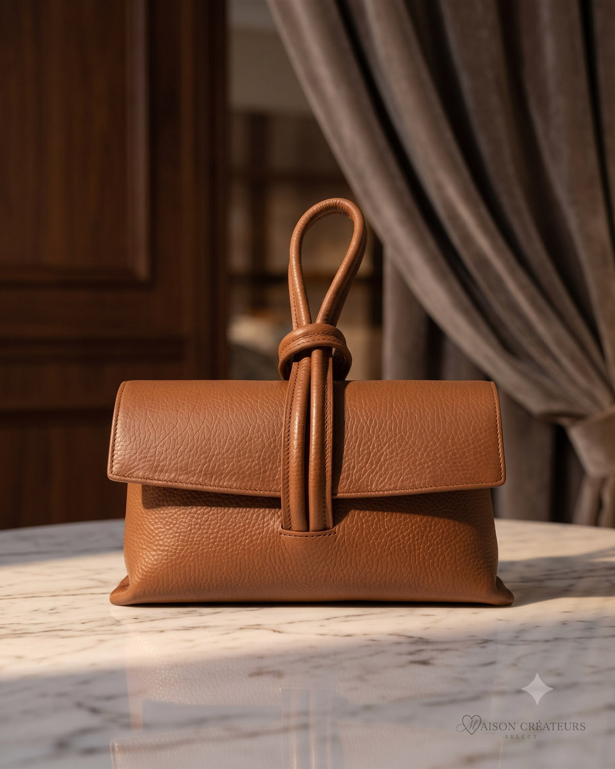 La pochette Siena en cuir grainé camel posé sur un bloc de marbre blanc en boutique