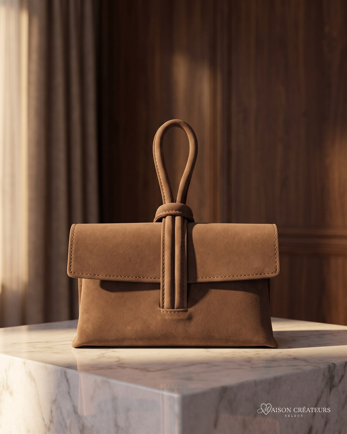 La pochette Capri en cuir suède chocolat posé sur un bloc de marbre blanc en boutique