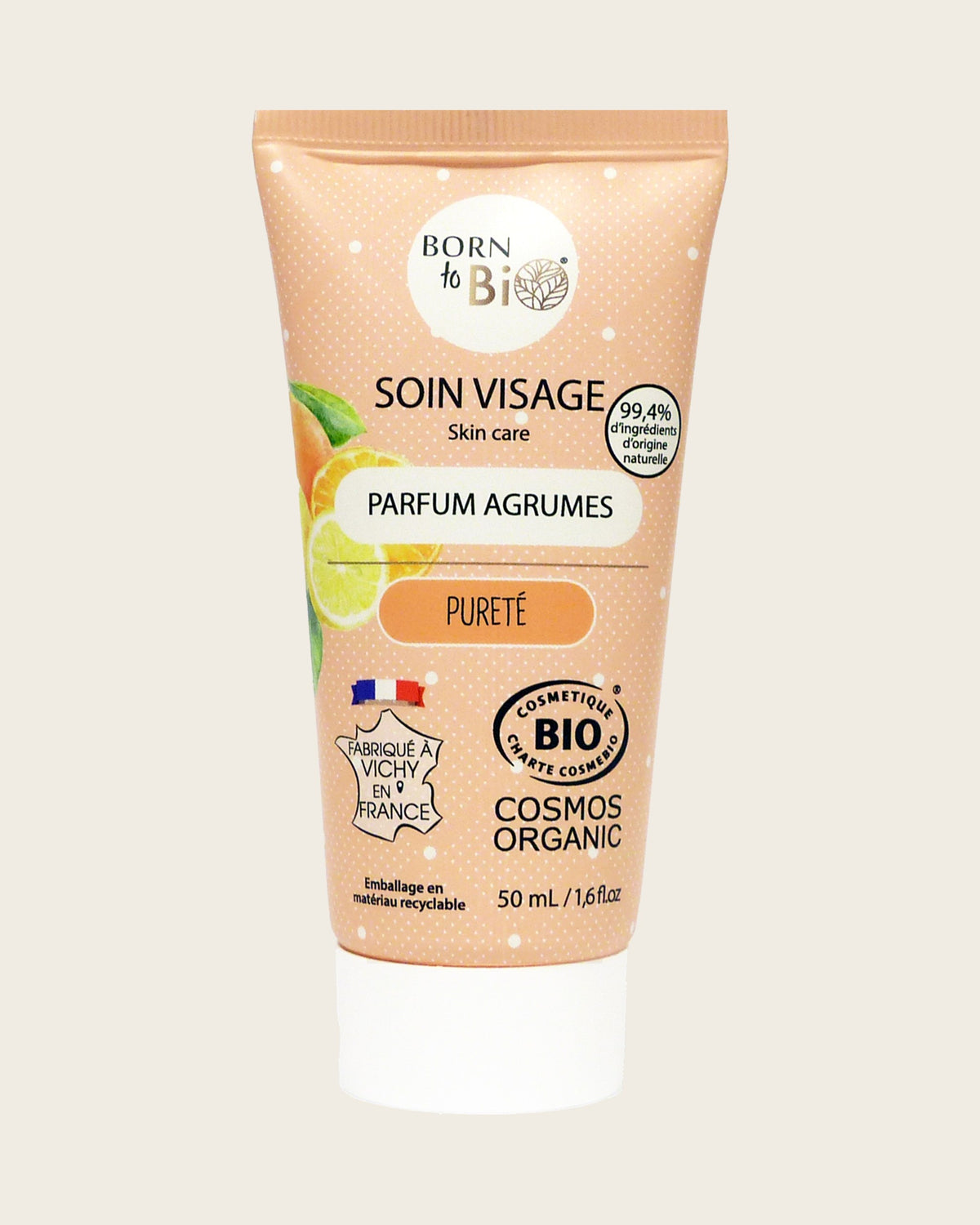 Soin visage Pureté parfum agrumes certifié bio Born to Bio, tube
