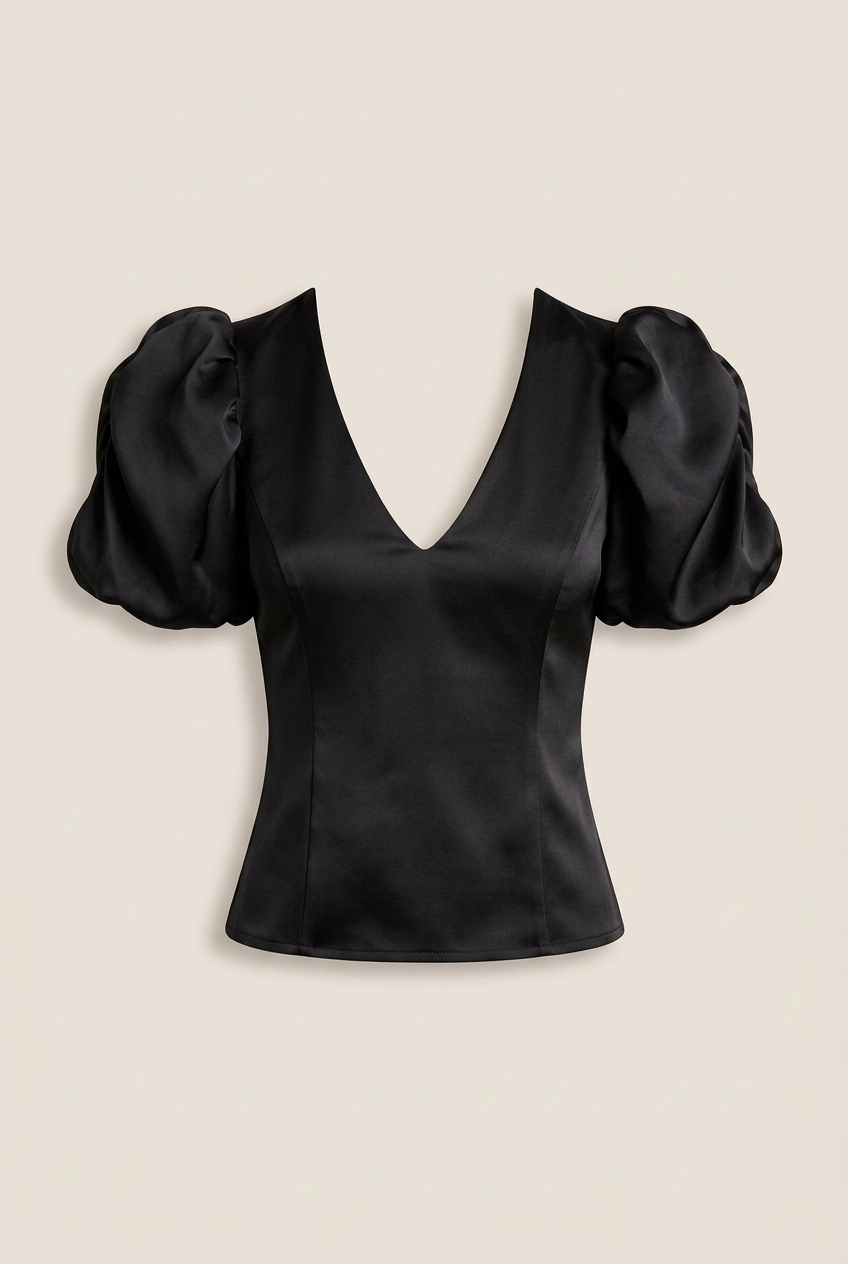 Top Promesa noir à manches bouffantes et décolleté V, vue de face