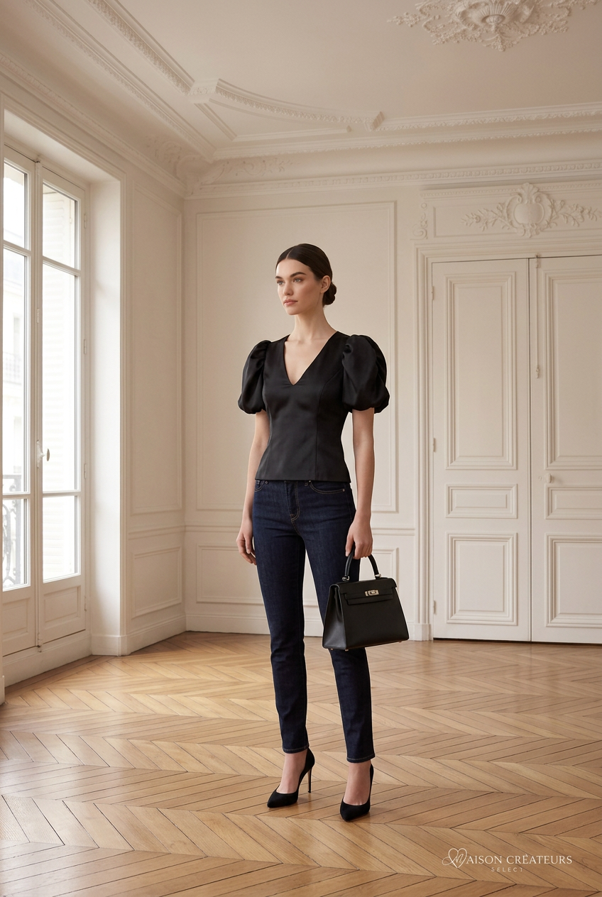 Top Promesa noir à manches bouffantes, mise en scène