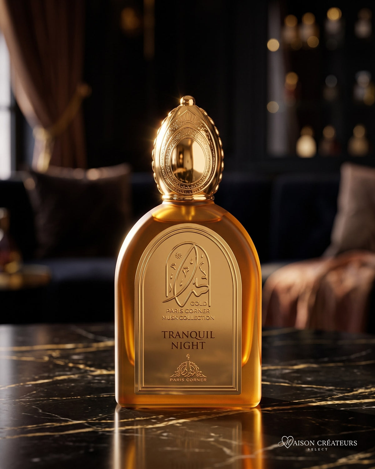 Parfum Tranquil Night Musk Collection sur marbre noir veiné d'or