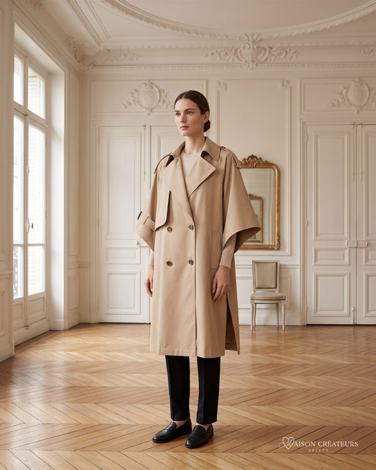 Trench cape oversize camel à boutonnage croisé, porté dans un salon haussmannien