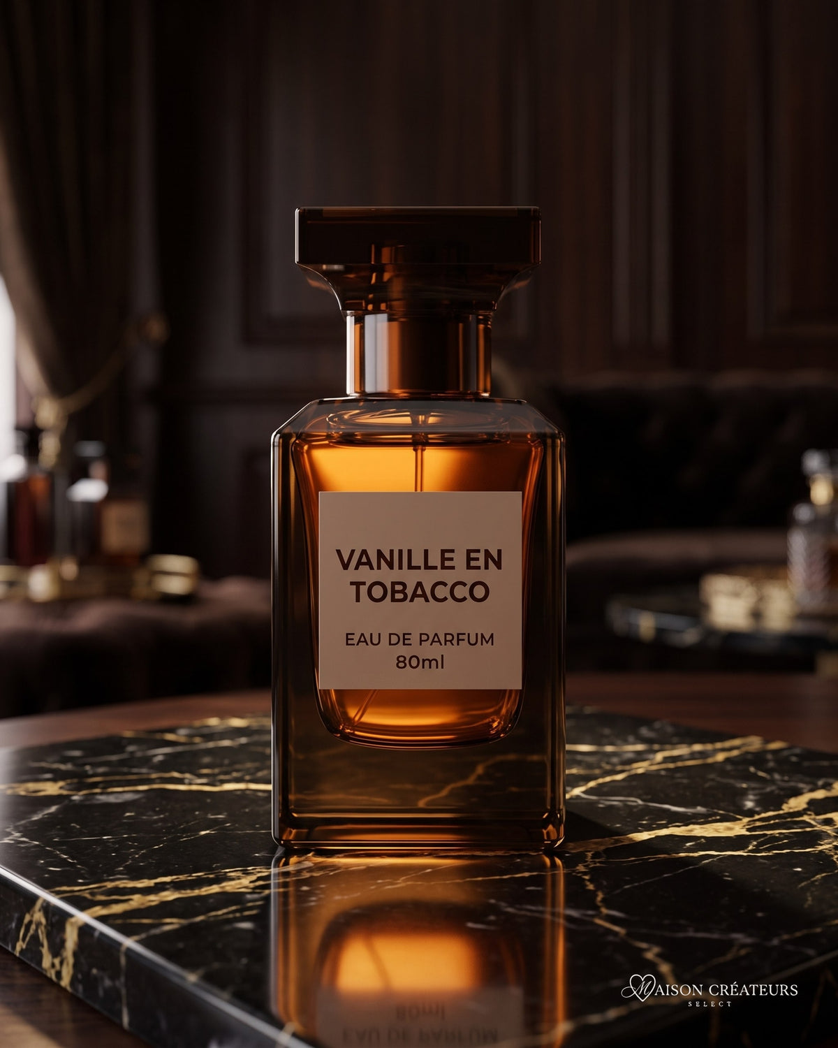 Parfum Vanille en Tobacco Fragrance World sur marbre noir veiné d'or