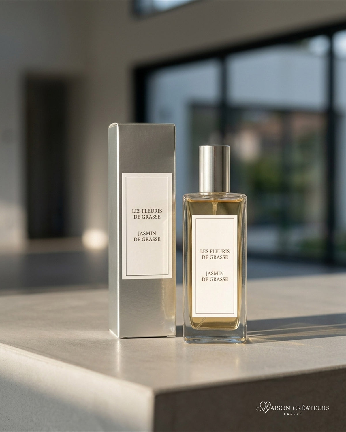 Vaporisateur d ambiance 100 ml Jasmin de Grasse avec son étui, posé sur du béton dans un atrium lumineux