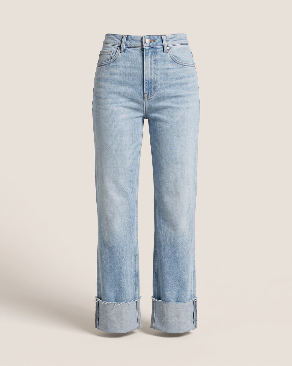 Jean wide leg taille haute bleu clair à revers