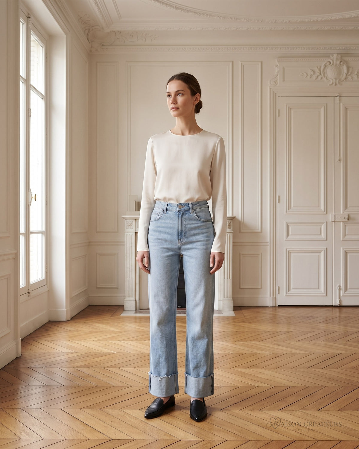 Jean wide leg bleu clair à revers porté dans un salon haussmannien