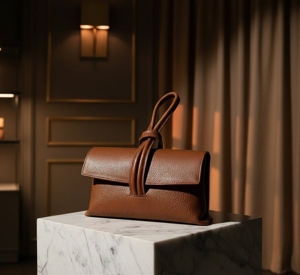 Pochette Siena en cuir camel posée sur un bloc de marbre, lumière chaude de boutique