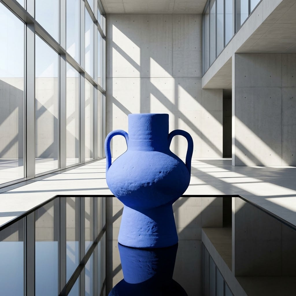 Amphore bleu Klein posée sur une table en verre noir, dans un atrium de béton baigné de lumière